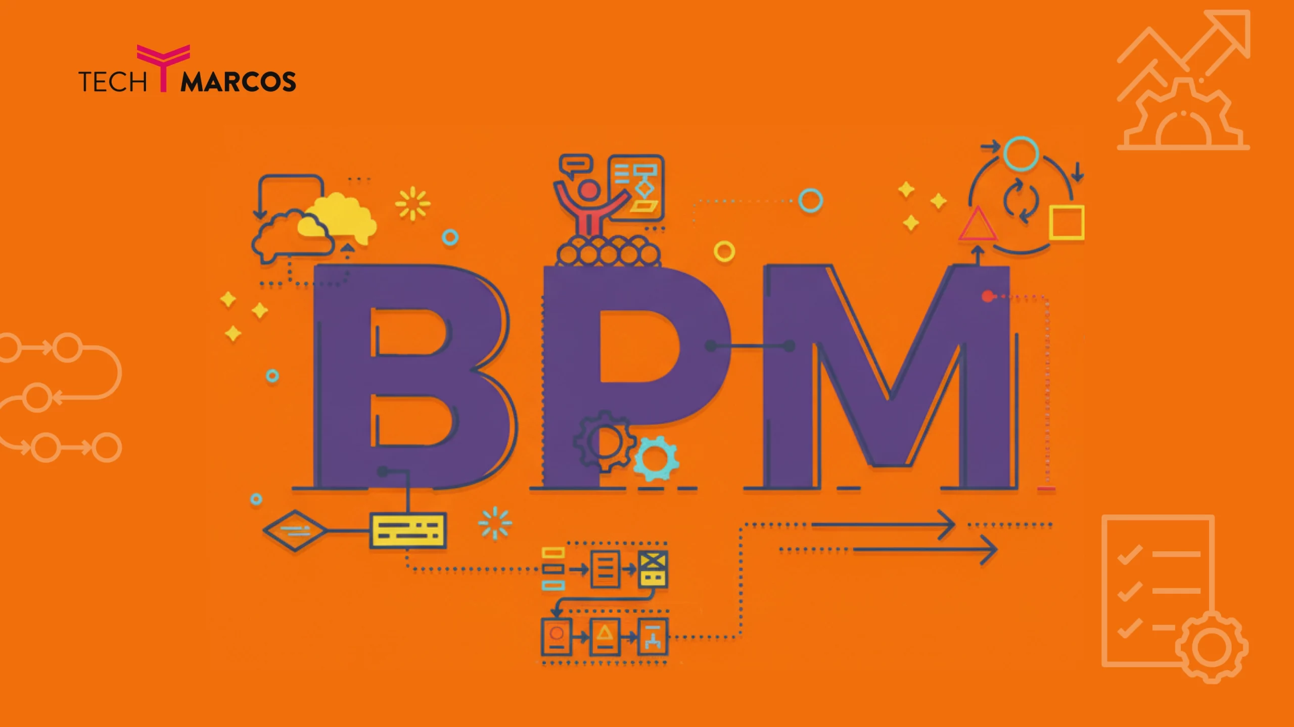 Business Process Management overview showing end to end process design automation monitoring and optimization across departments