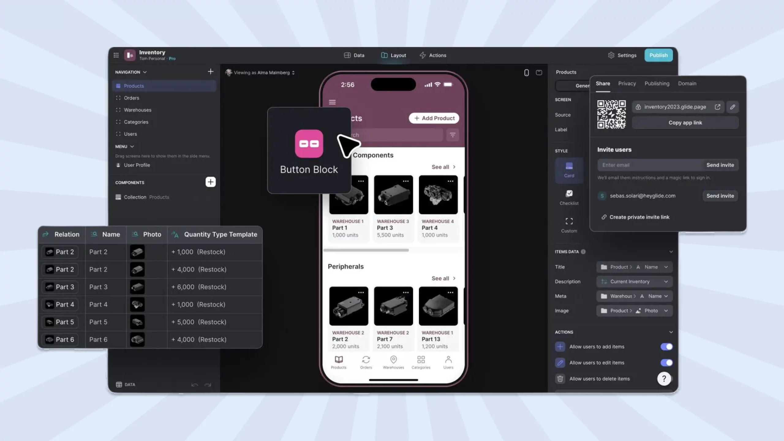 Glide no-code platform that converts Google Sheets into mobile and web apps for internal tools, directories, and simple business applications