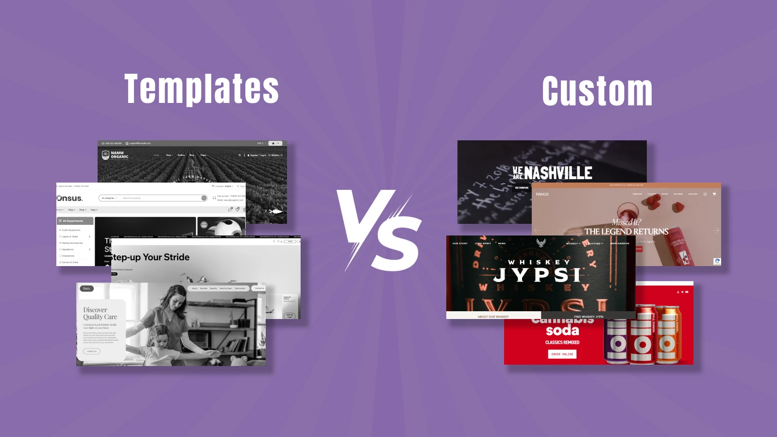 Infographic displaying types of custom web development such as front-end, back-end, CMS, and eCommerce