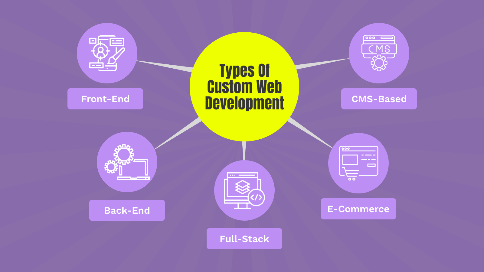 Infographic displaying types of custom web development such as front-end, back-end, CMS, and eCommerce
