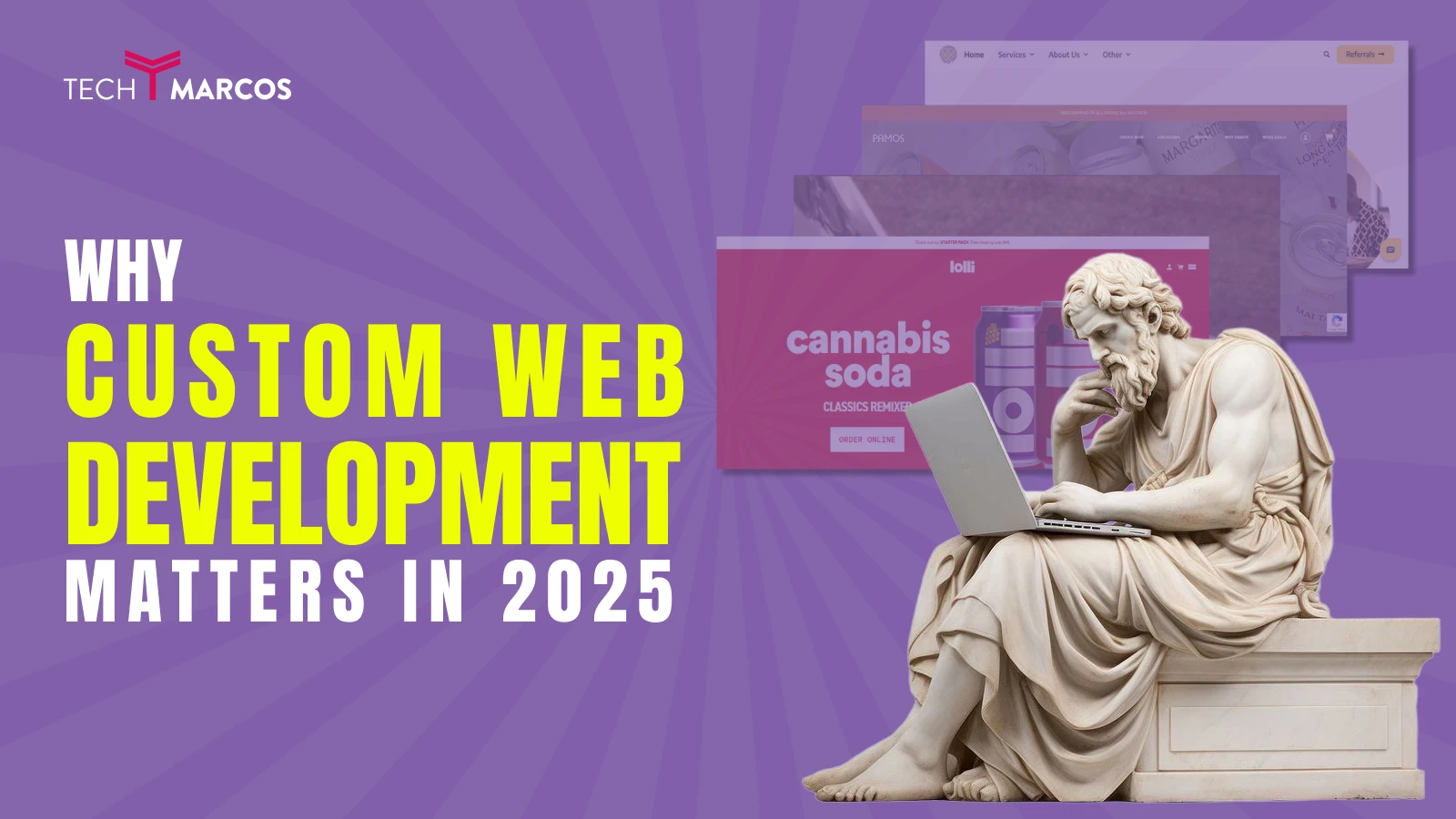 Statue with laptop symbolizing thoughtful decision-making in custom web development for 2025