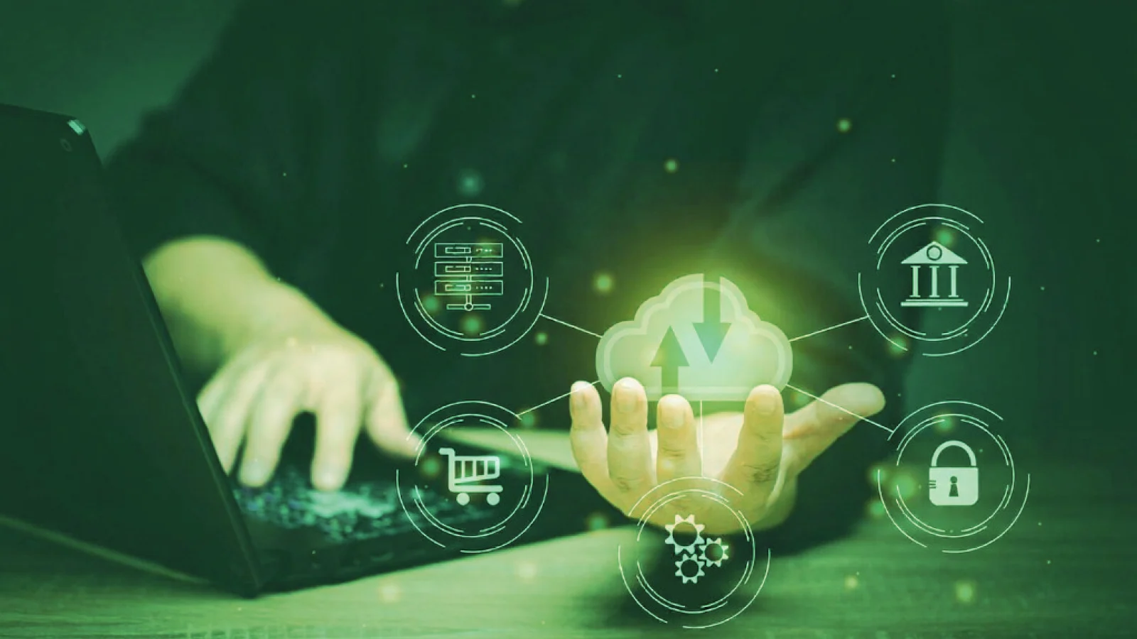 Illustration of composable commerce with modular API integrations for flexible, scalable e-commerce architecture.