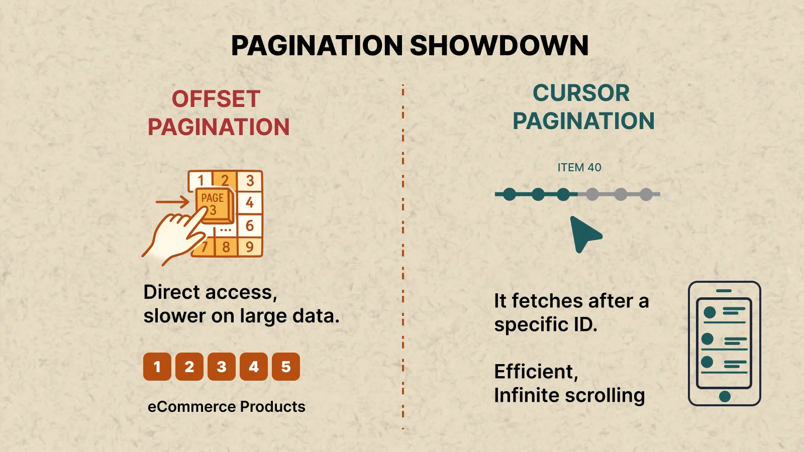 REST API pagination comparison showing offset pagination vs cursor pagination with data consistency differences