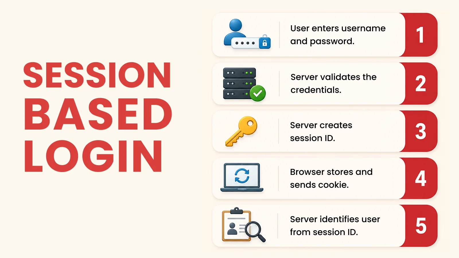 Session-based authentication workflow illustrating user login, session creation, cookie storage, and server-side session validation